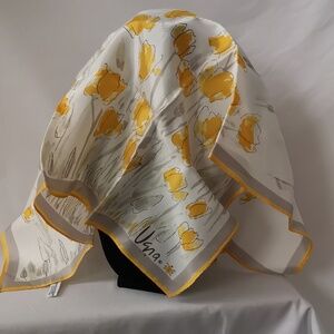 Beautiful Vintage Vera Neumann Square Scarf with Yellow Orange Tulips Light Gray